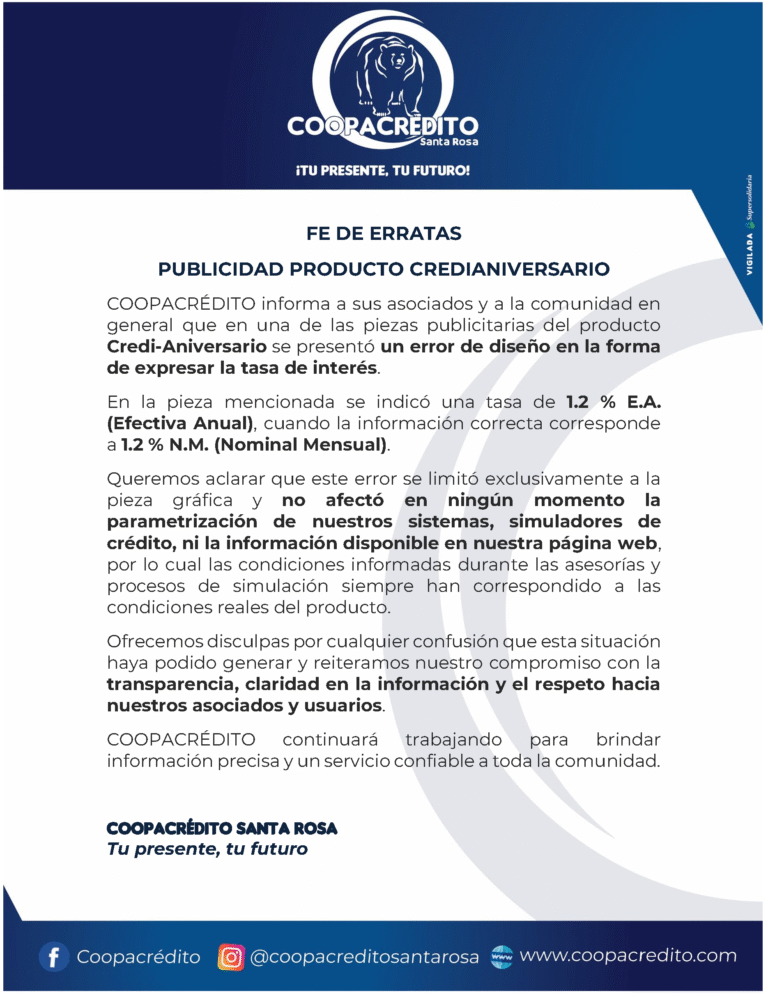 FE DE ERRATAS – PUBLICIDAD PRODUCTO CREDIANIVERSARIO